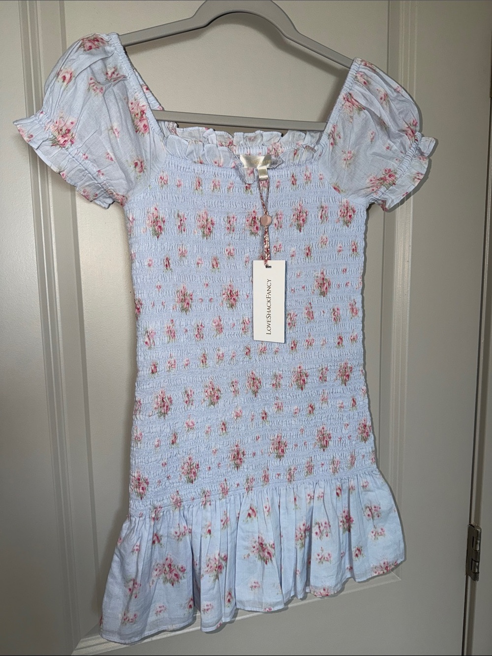 LoveShackFancy Light Blue Pink Floral Smocked Mosa Dress for Girls